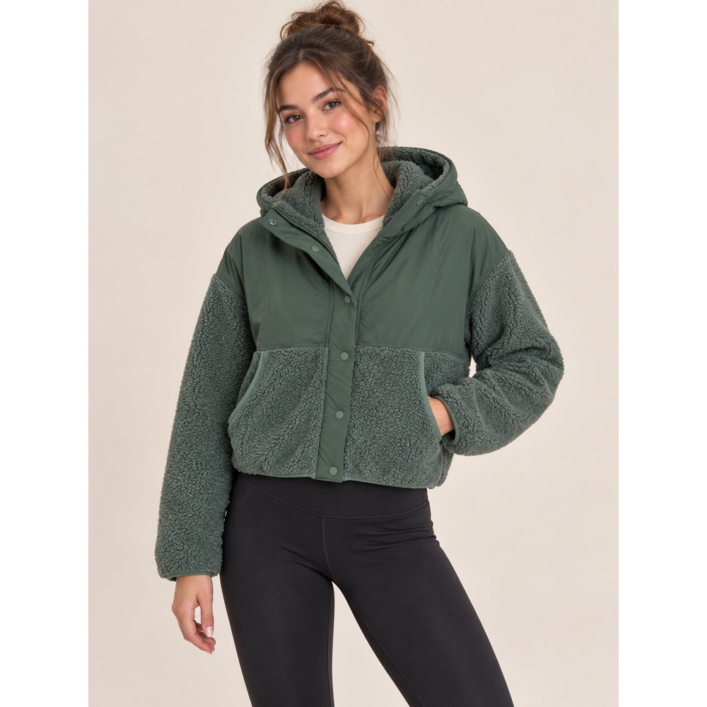 OFFLINE by Aerie Sherpa Mixed Media Hooded Jacket Green XS